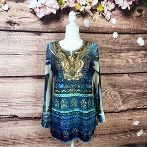 Dressbarn Women’s Blue Sequins Beaded Boho Abstract Geo Bell Sleeve Tunic Blouse